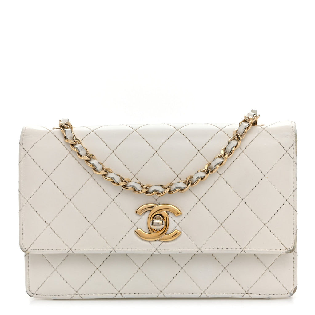 Glazed Calfskin Quilted Small Flap White