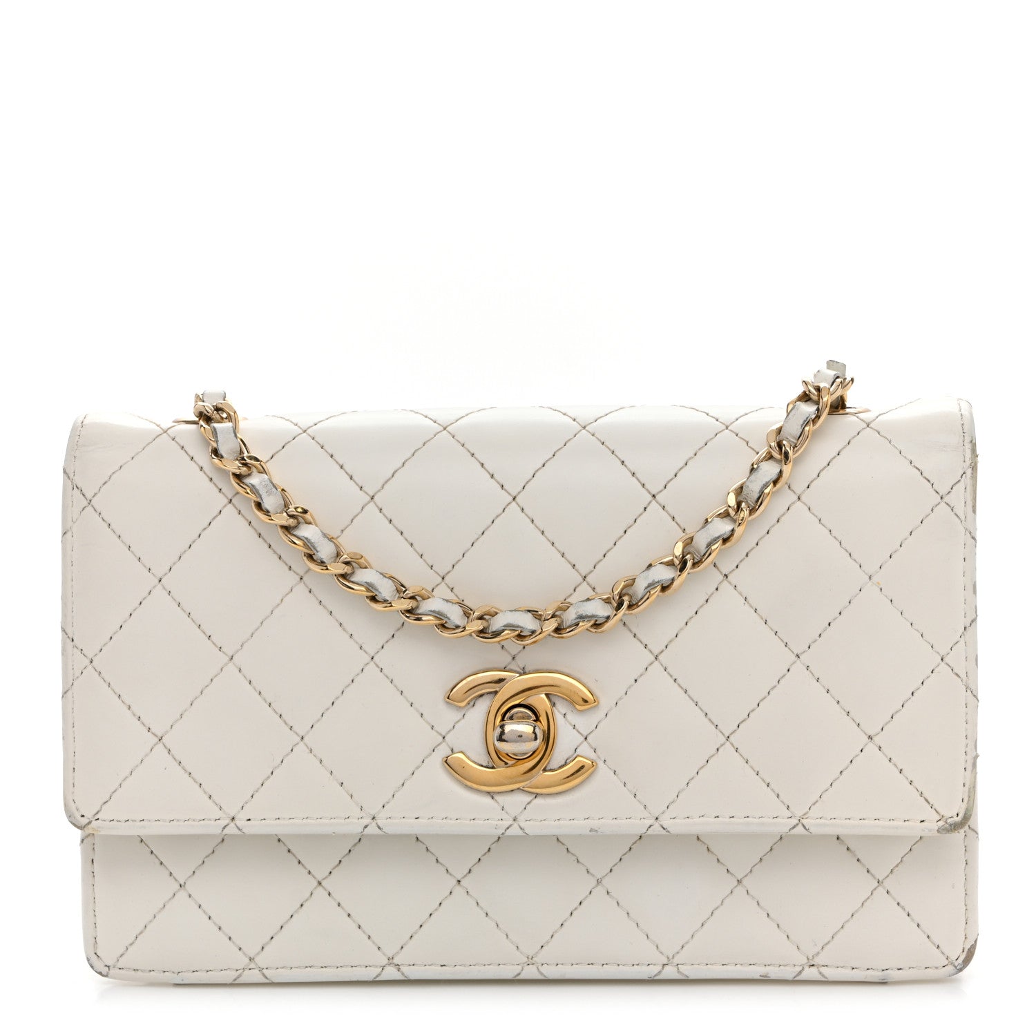 Glazed Calfskin Quilted Small Flap White
