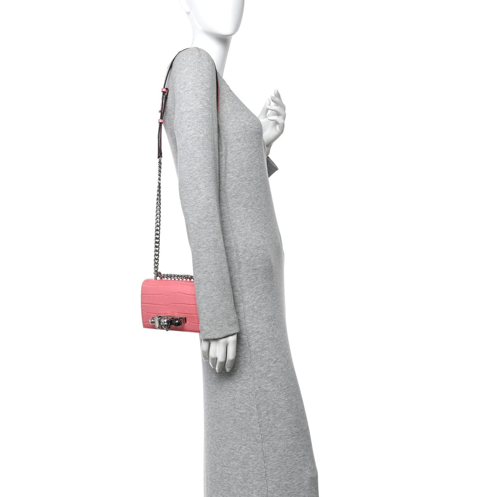 Calfskin Crocodile Embossed Mini Jeweled Knuckle Satchel Pink