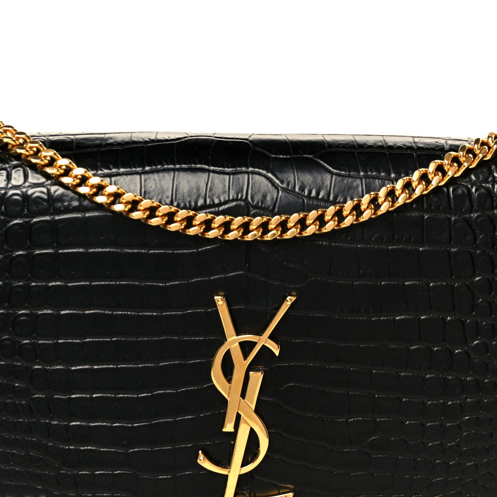 Calfskin Crocodile Embossed Medium Classic Monogram Kate Tassel Satchel Black