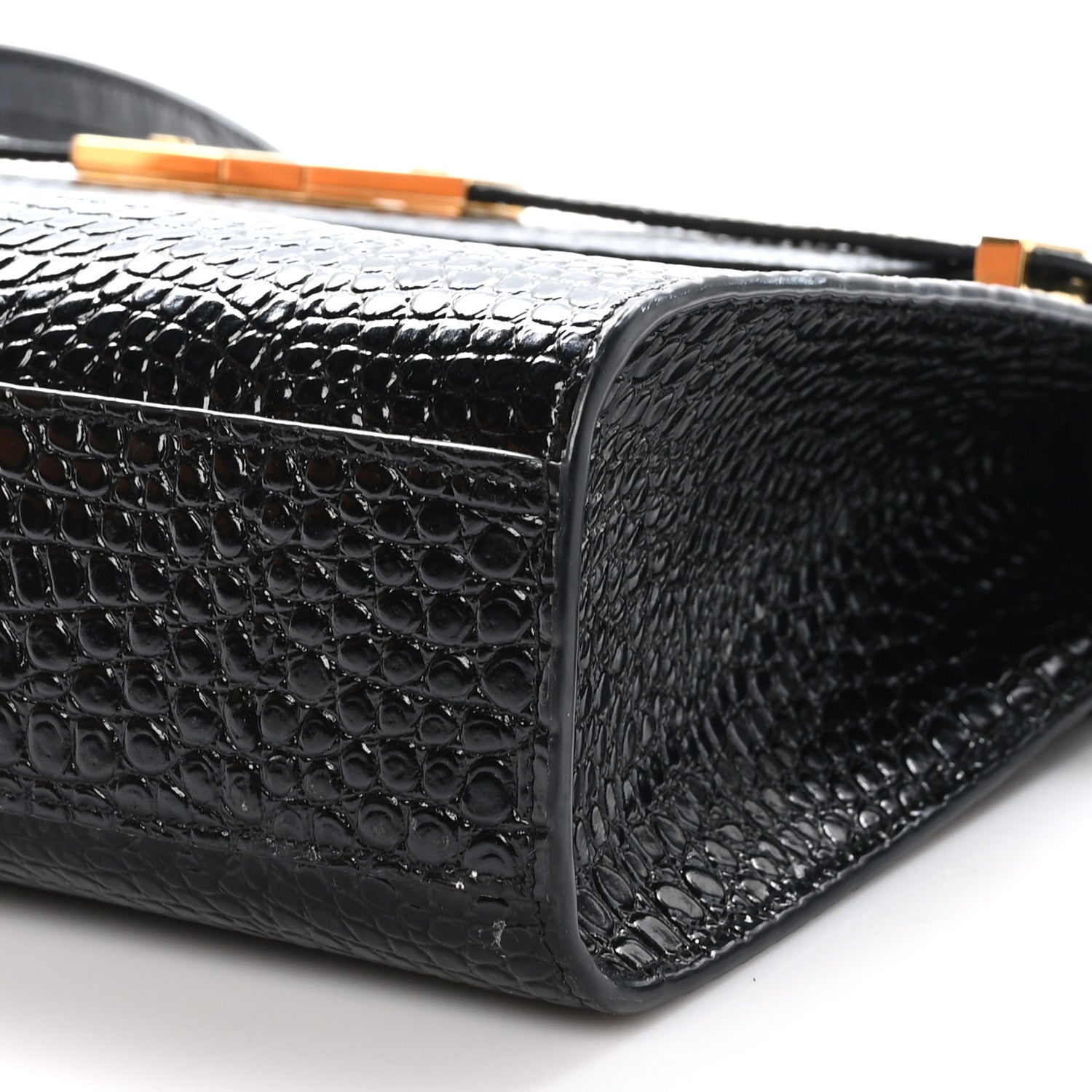 Shiny Calfskin Crocodile Embossed Manhattan Baguette Black