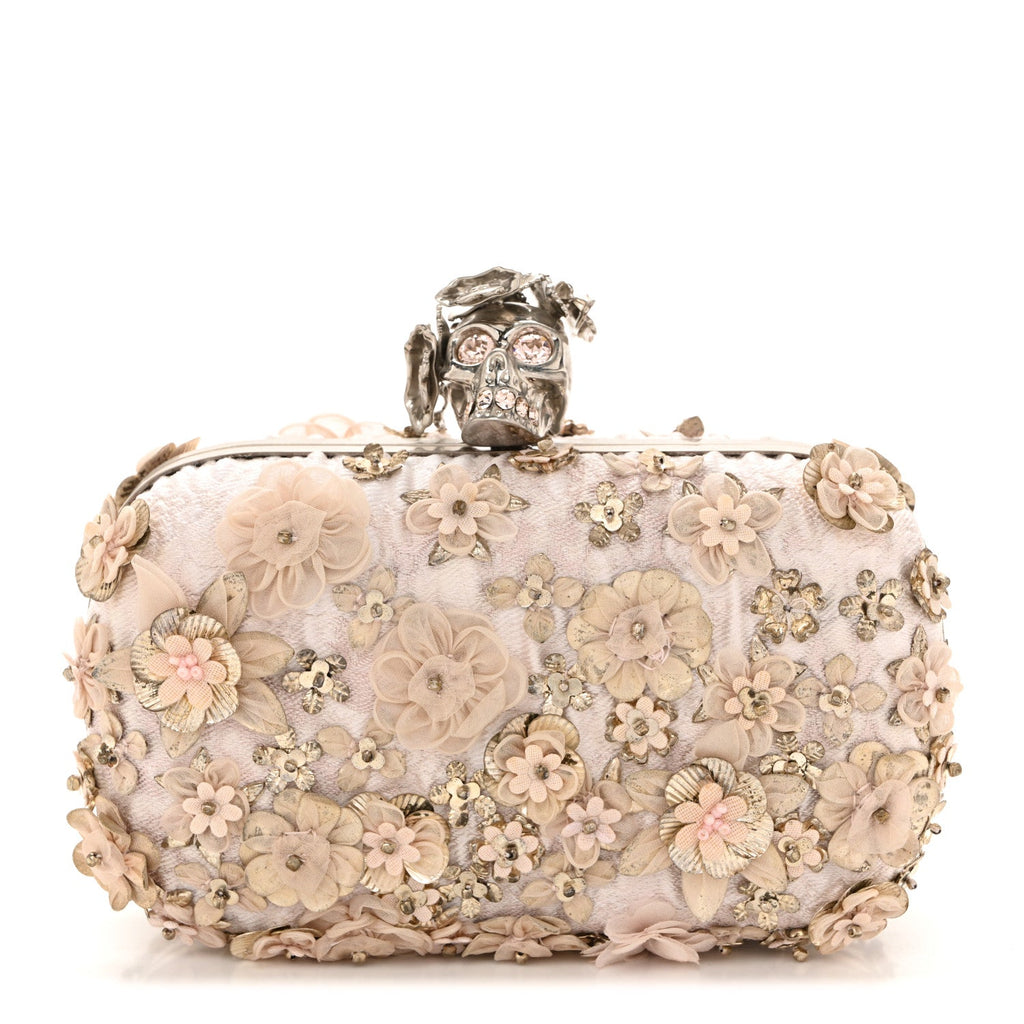 Flower Appliqued Silk Brocade Skull Box Clutch Light Pink