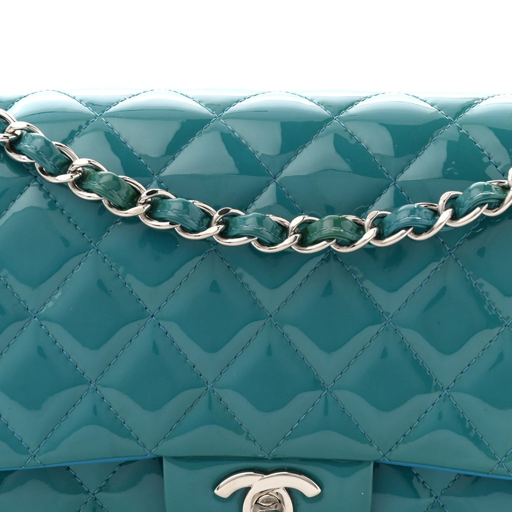 Patent Quilted Medium Double Flap Turquoise