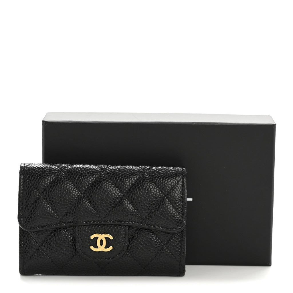 Caviar Quilted Flap  Holder Wallet Black