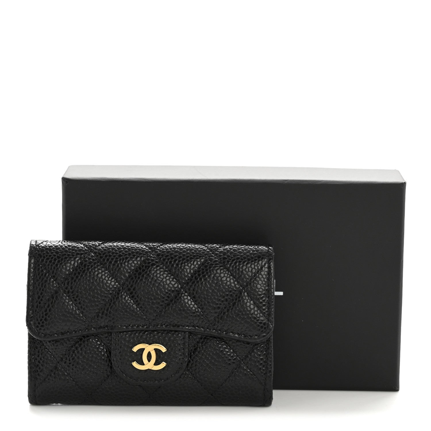 Caviar Quilted Flap  Holder Wallet Black