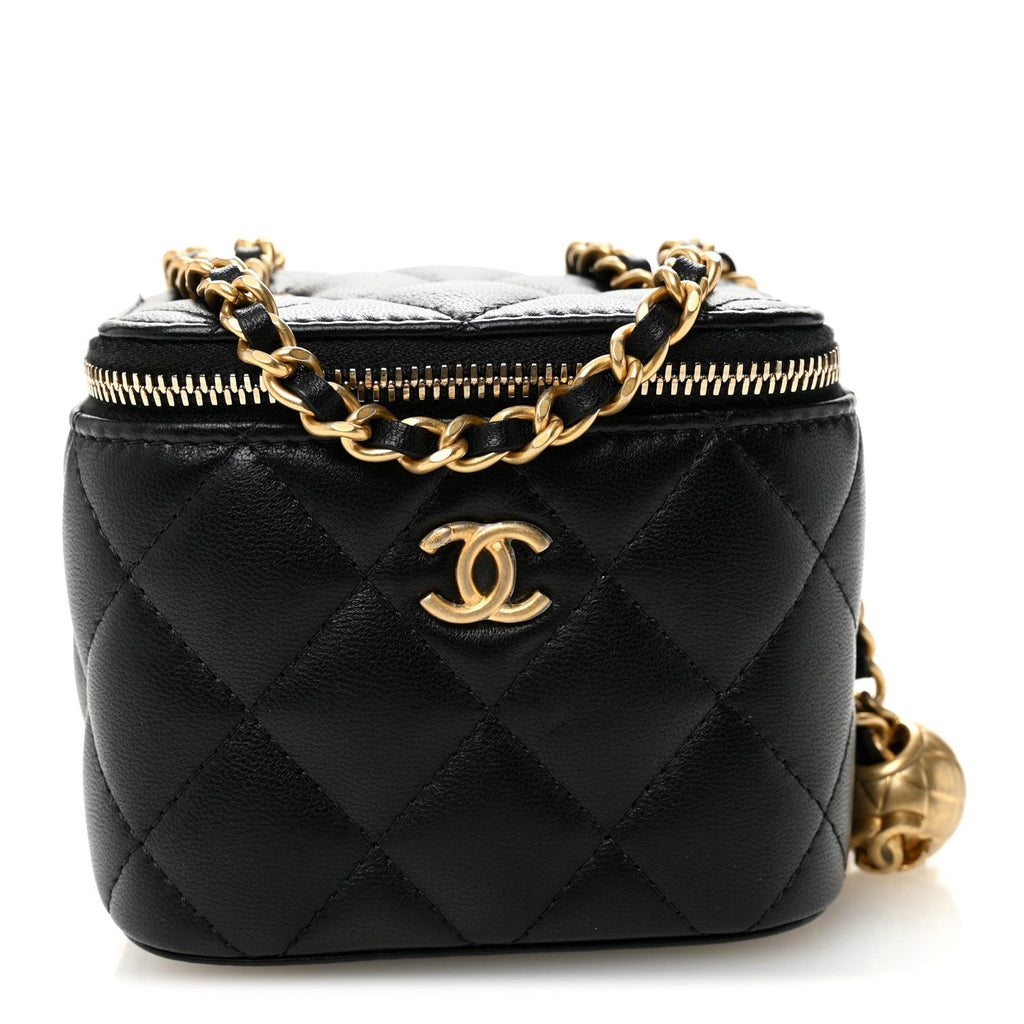 Lambskin Quilted Mini Pearl Crush Vanity Case With Chain Black