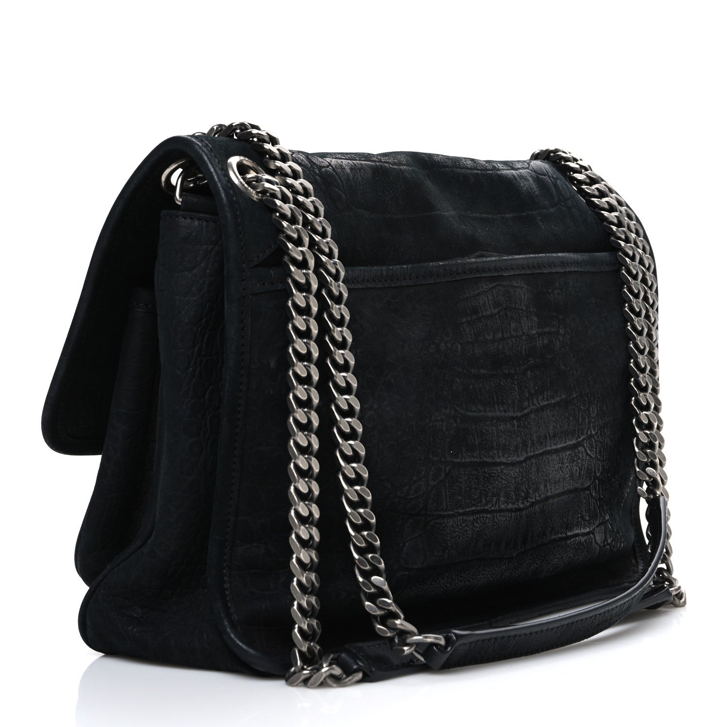 Nubuck Crocodile Embossed Monogram Medium Niki Chain Satchel Black