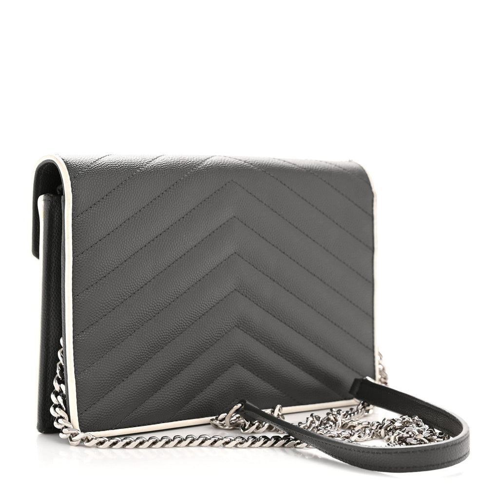 Grain De Poudre Matelasse Chevron Monogram Envelope Chain Wallet Asphalt White
