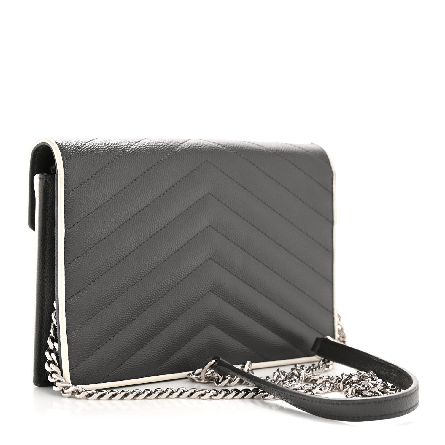 Grain De Poudre Matelasse Chevron Monogram Envelope Chain Wallet Asphalt White