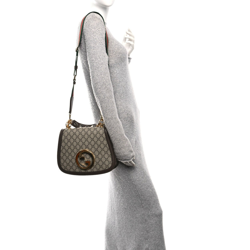 GG Supreme Monogram Textured Dollar Calfskin Web Medium Blondie Shoulder Flap Bag Beige Ebony New Acero