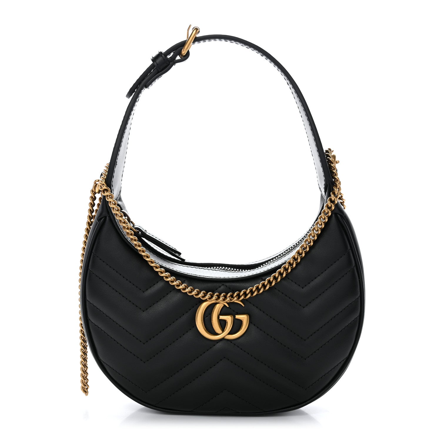 Calfskin Matelasse Chevron Mini GG Marmont Half Moon Hobo Black