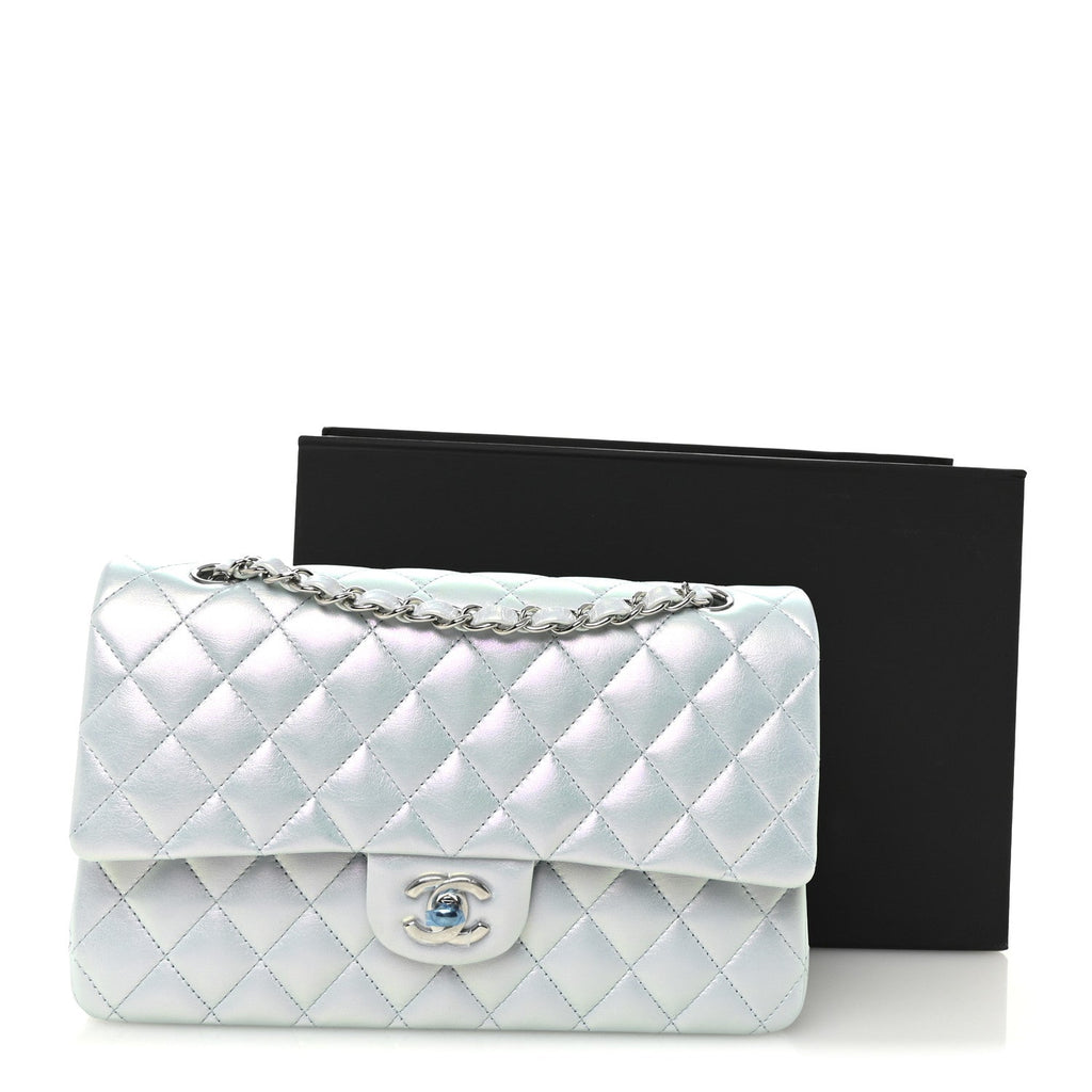 Iridescent Calfskin Quilted Medium Double Flap Light Blue