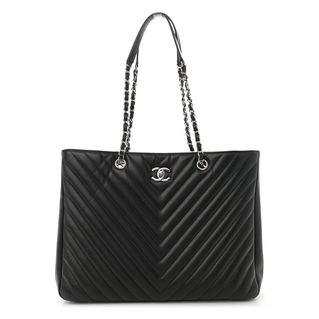 Caviar Chevron Quilted Large Shopping Tote Tote Black