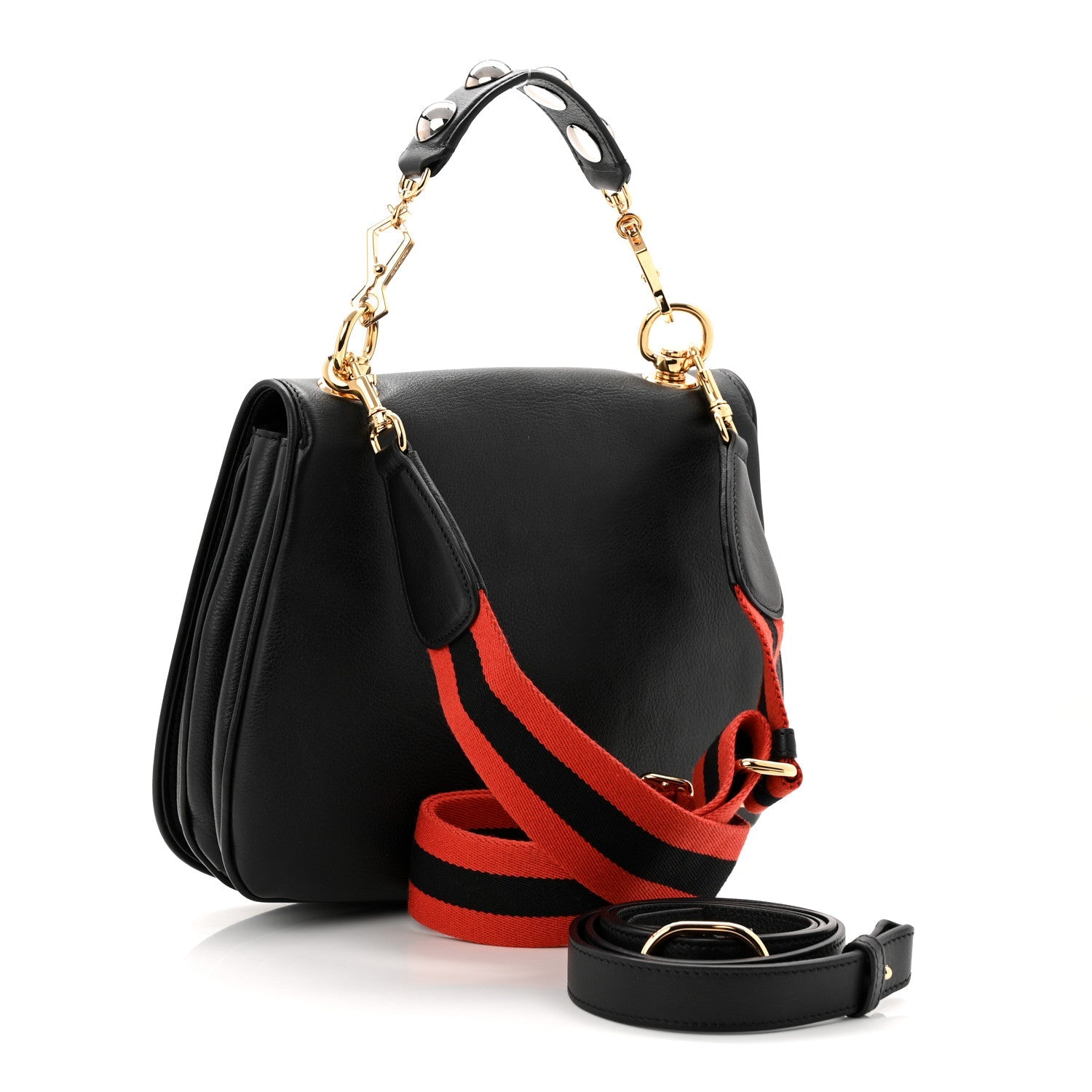 Roxy Calfskin Web Medium Studded Blondie Shoulder Flap Bag Black