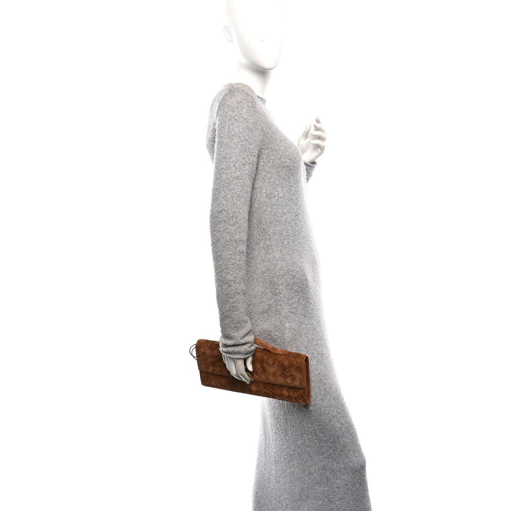 Suede Intrecciato Long Andiamo Top Handle Clutch Amber