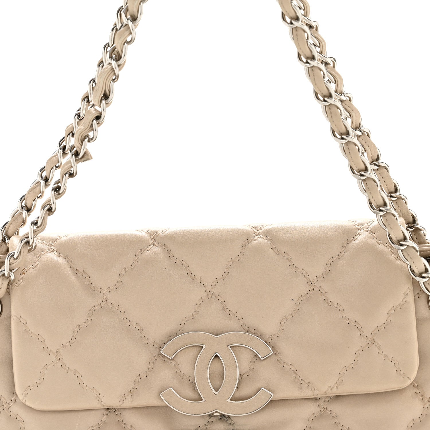 Calfskin Double Stitch Large Hamptons Flap Bag Beige