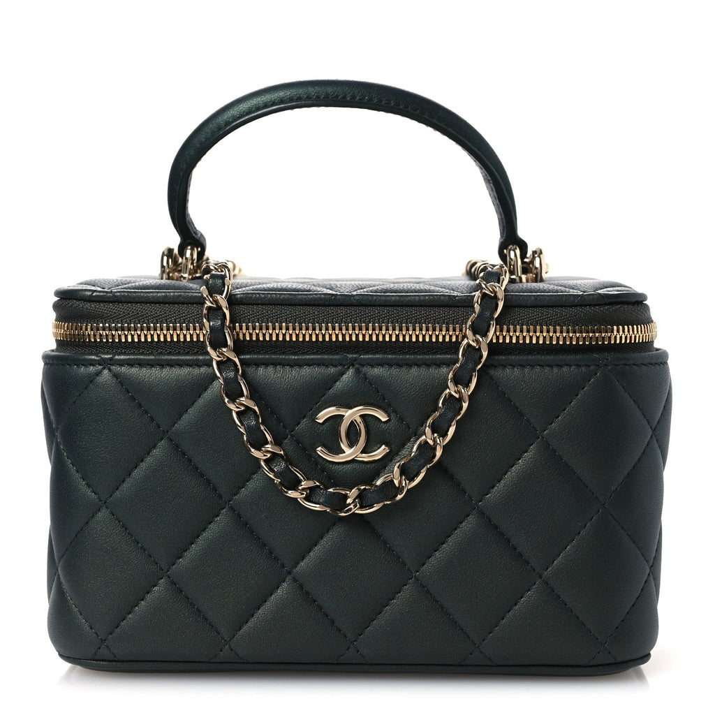 Iridescent Lambskin Quilted Small Top Handle Vanity Case With Chain Green