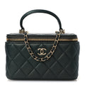 Iridescent Lambskin Quilted Small Top Handle Vanity Case With Chain Green