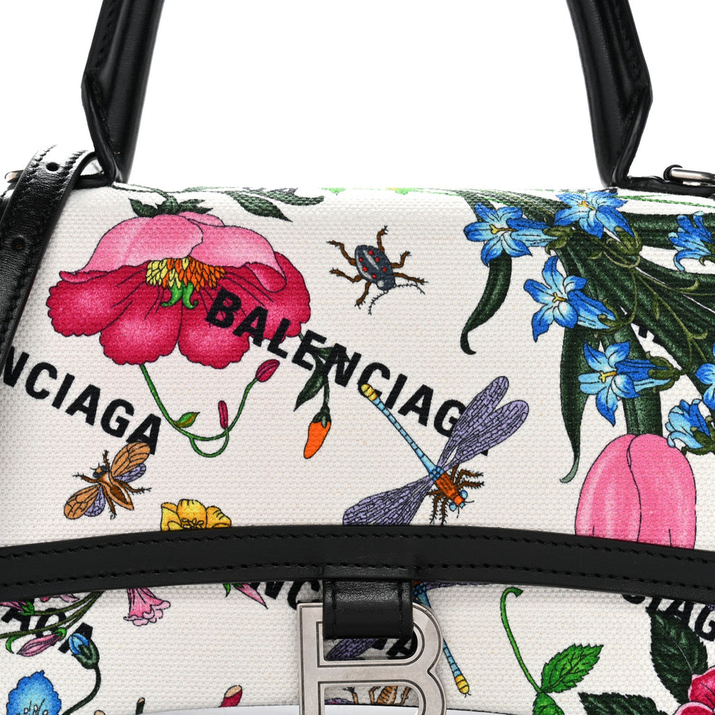 X GUCCI Canvas Boarded Plutone Calfskin Flora Logo Print Small Hourglass Top Handle Bag White Multicolor Black