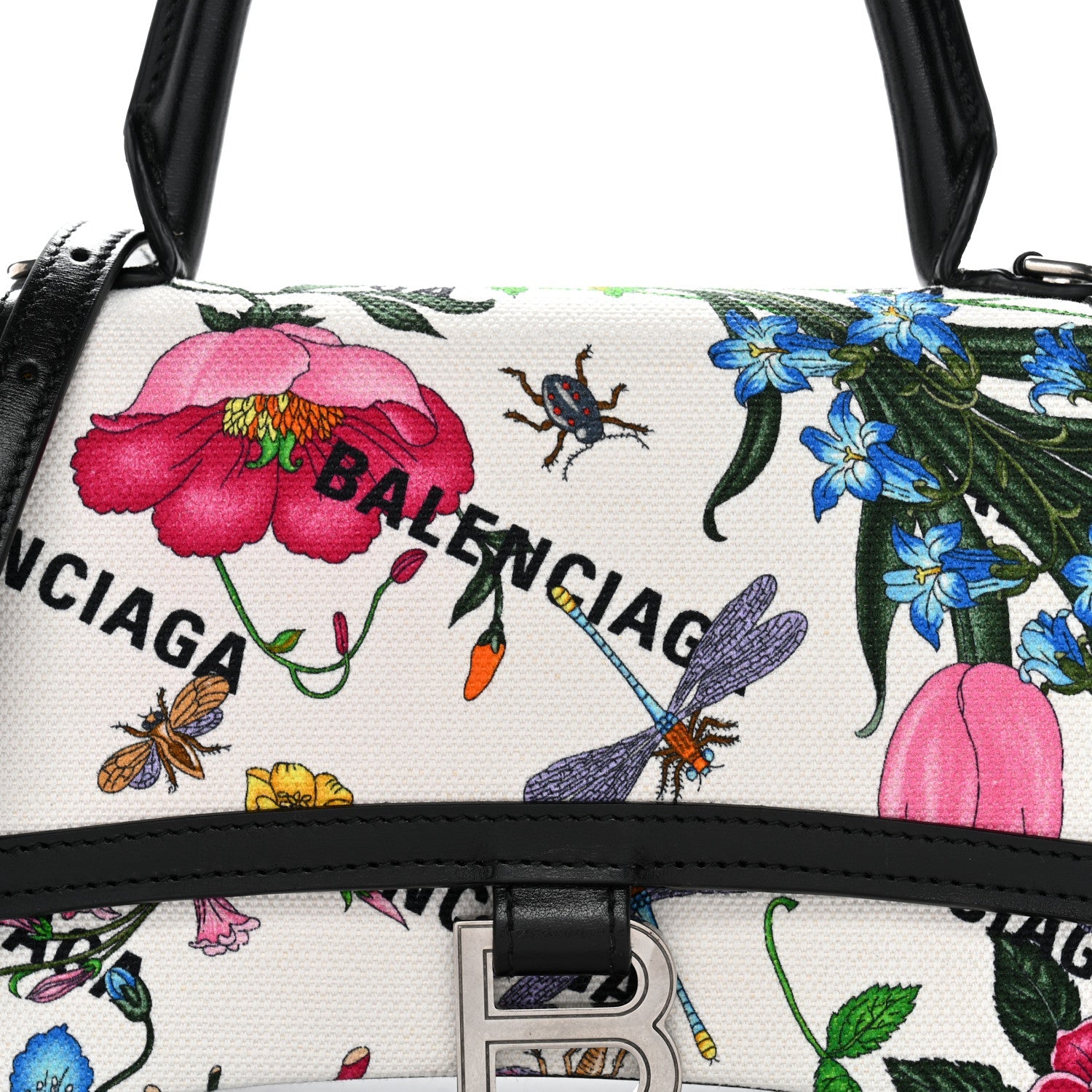 X GUCCI Canvas Boarded Plutone Calfskin Flora Logo Print Small Hourglass Top Handle Bag White Multicolor Black