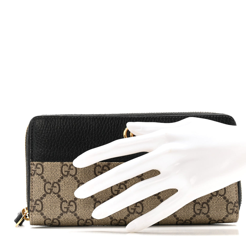 Dollar Calfskin GG Supreme Monogram GG Marmont Zip Around Wallet Black Beige Ebony