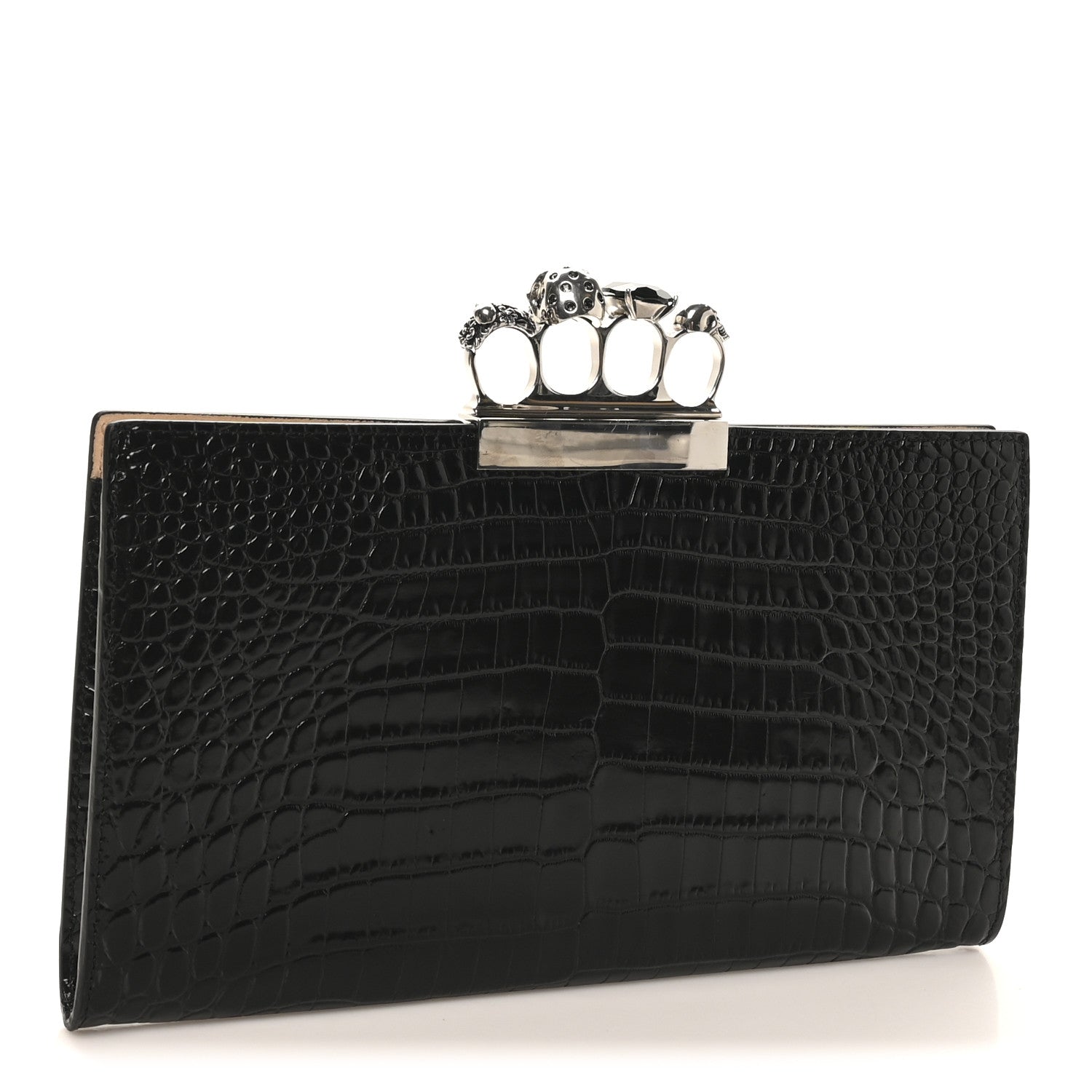 Calfskin Crocodile Embossed Knuckle Flat Clutch Black