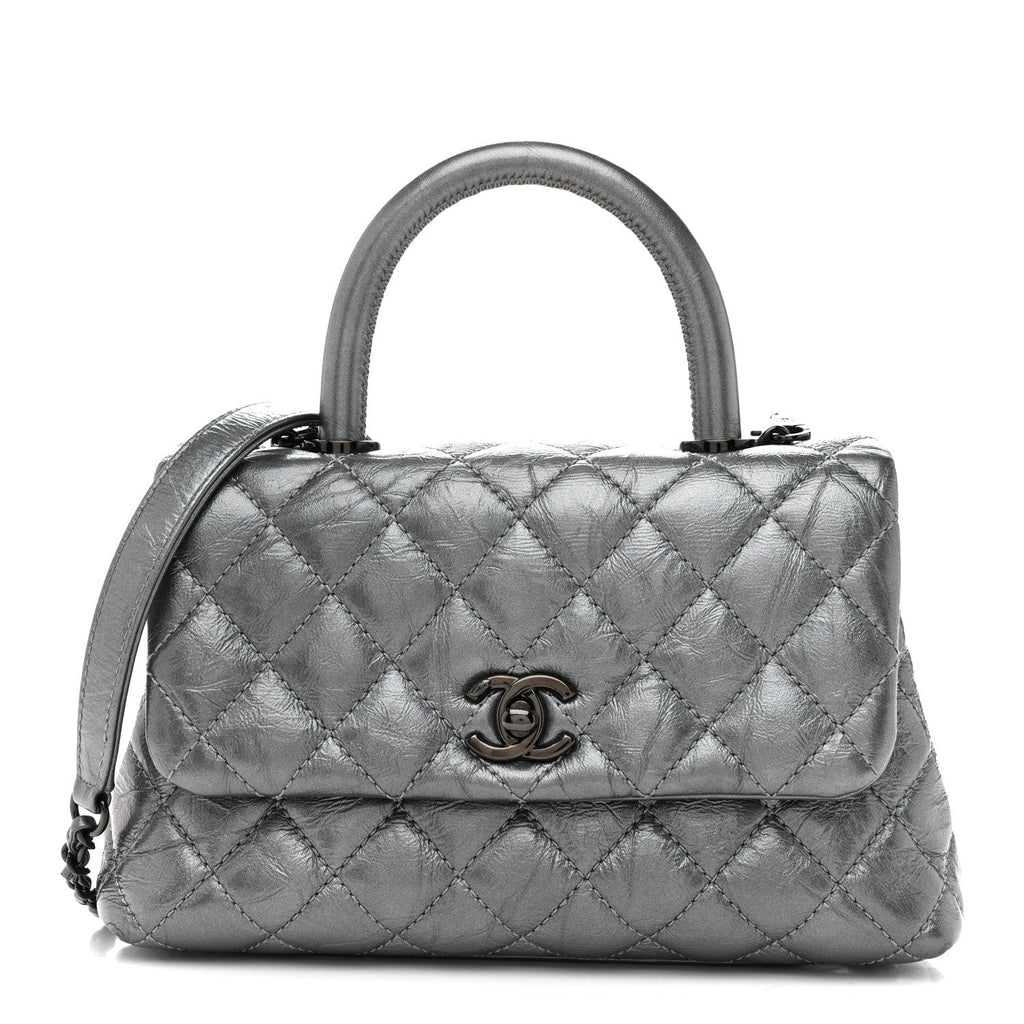 Metallic Aged Calfskin Quilted Mini Coco Handle Flap Charcoal