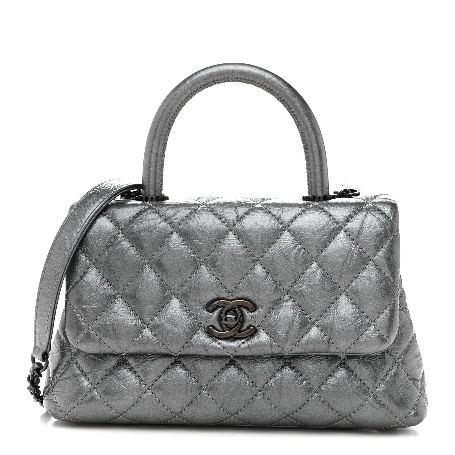 Metallic Aged Calfskin Quilted Mini Coco Handle Flap Charcoal