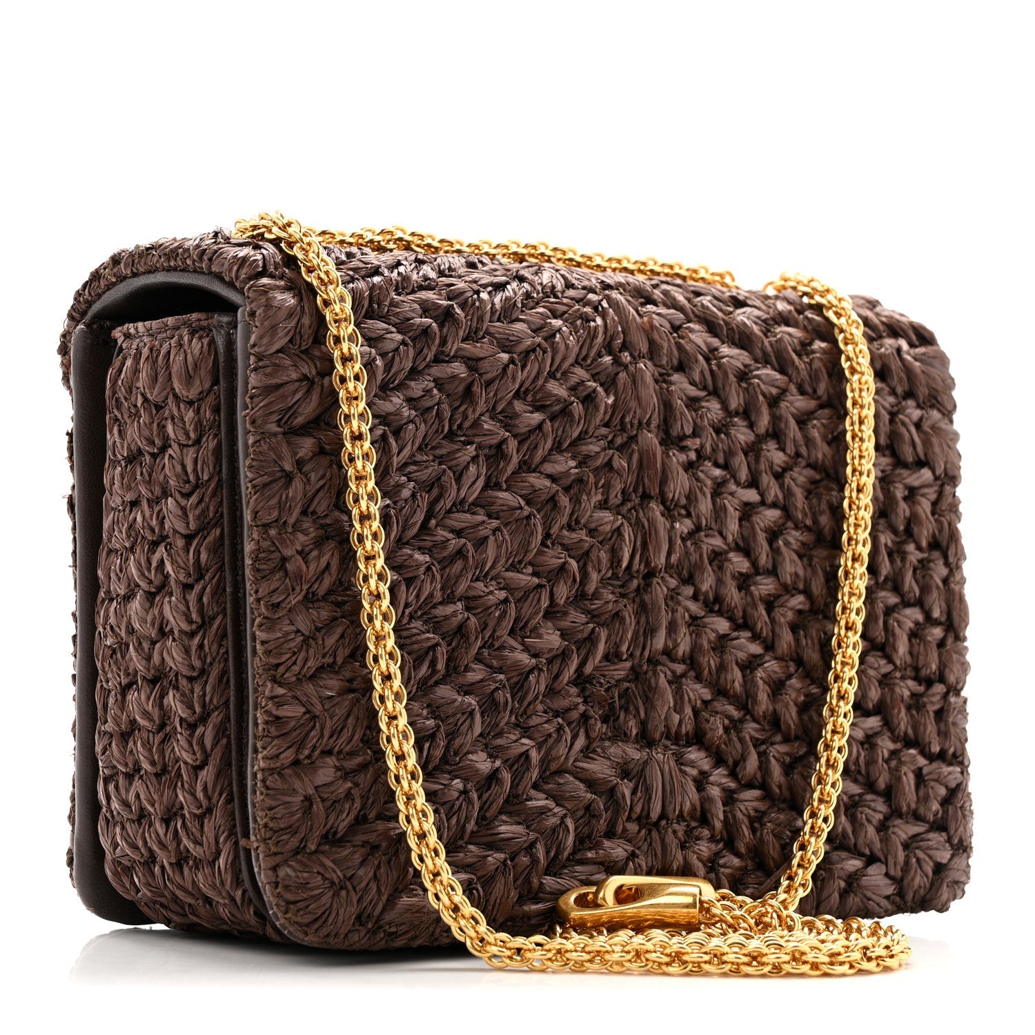Raffia One Stud Chain Clutch Dark Brown