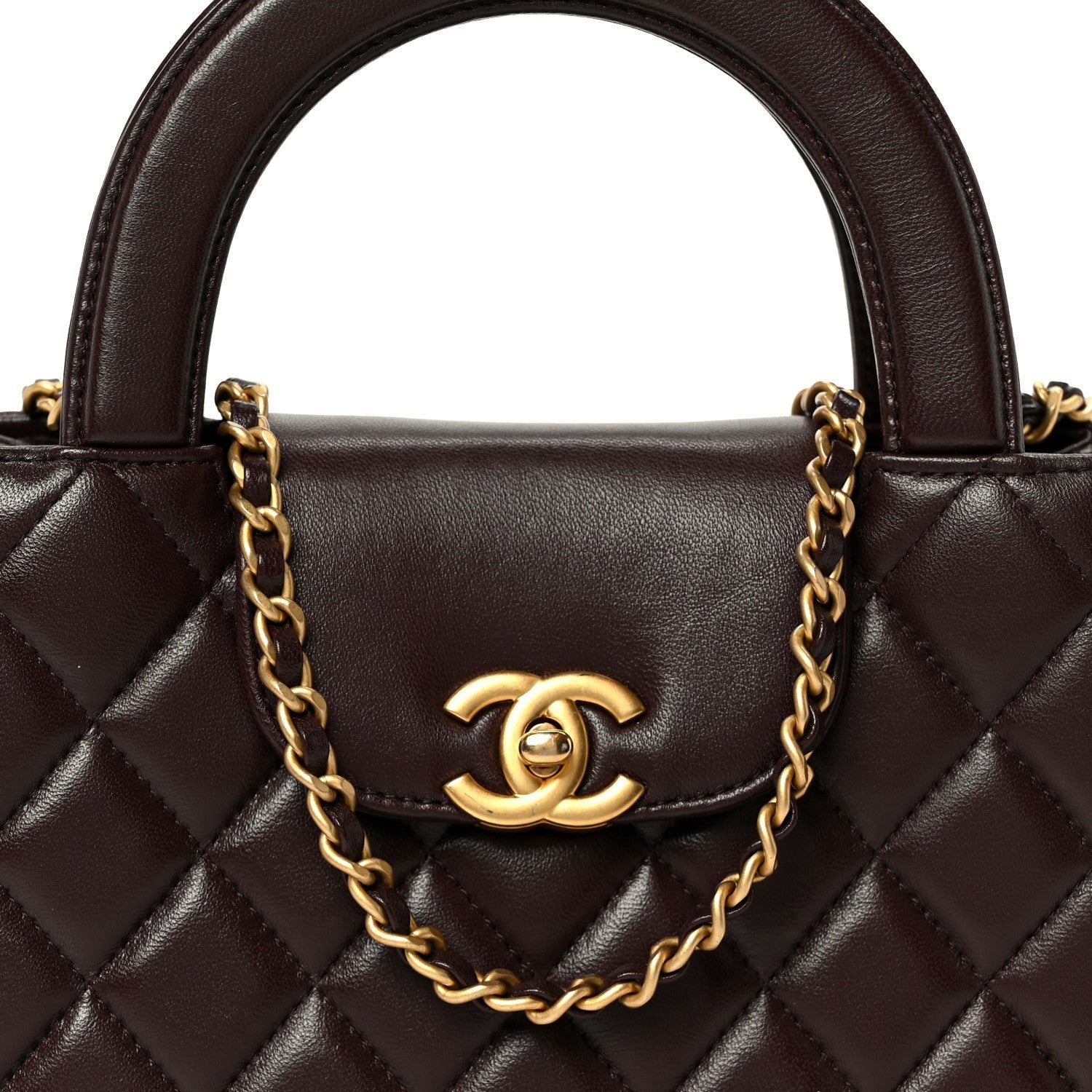 Shiny Aged Calfskin Quilted Nano Kelly Shopper Dark Brown