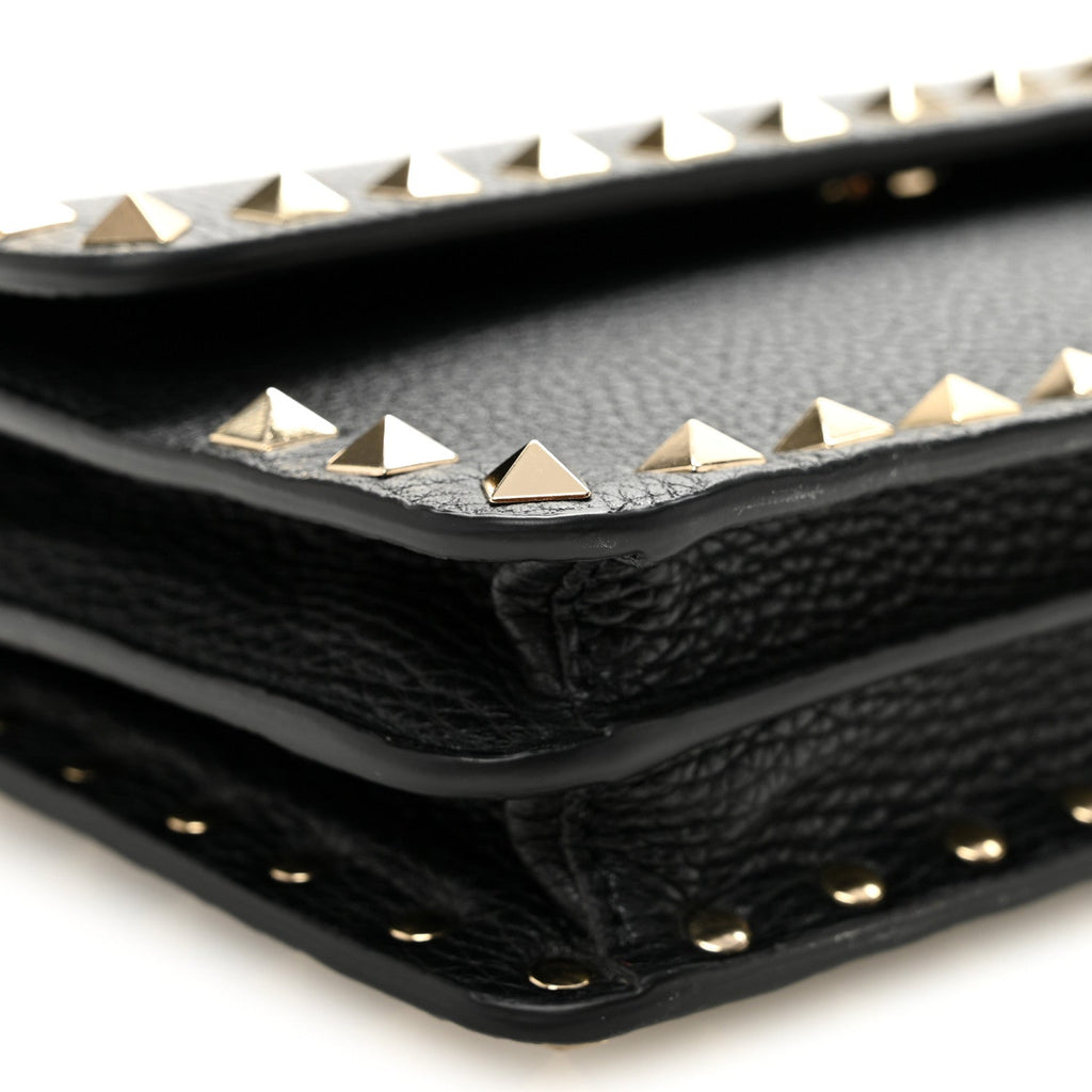 Pebbled Calfskin Rockstud Flap Wallet On Chain Black
