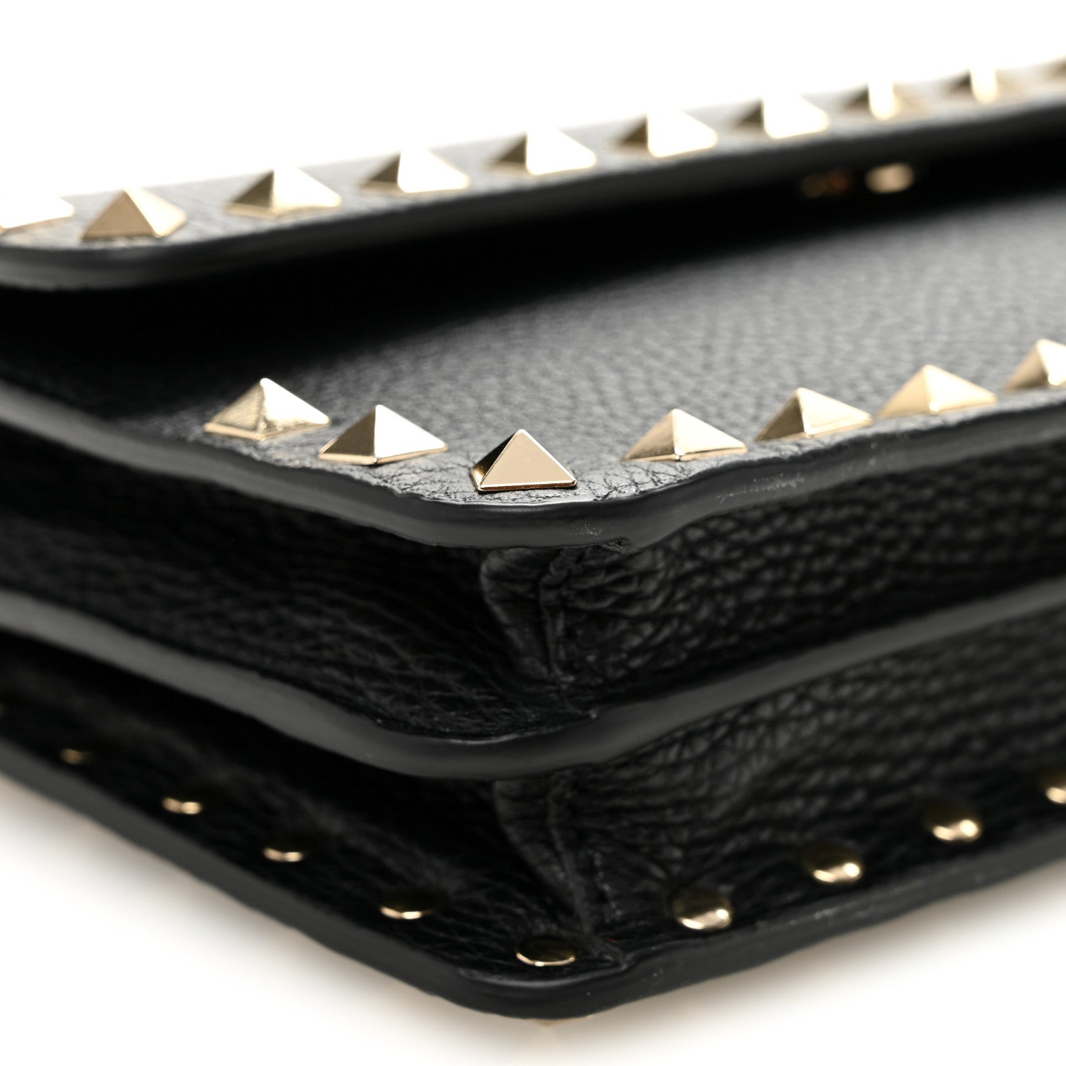 Pebbled Calfskin Rockstud Flap Wallet On Chain Black