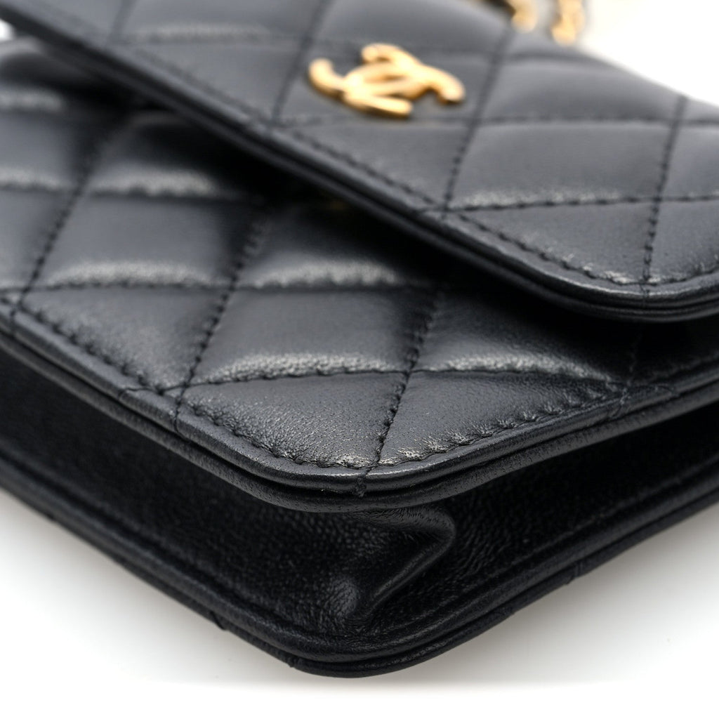 Lambskin Quilted Pearl Crush Flap With Chain Black