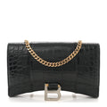 Shiny Calfskin Crocodile Embossed Hourglass Chain Bag Black