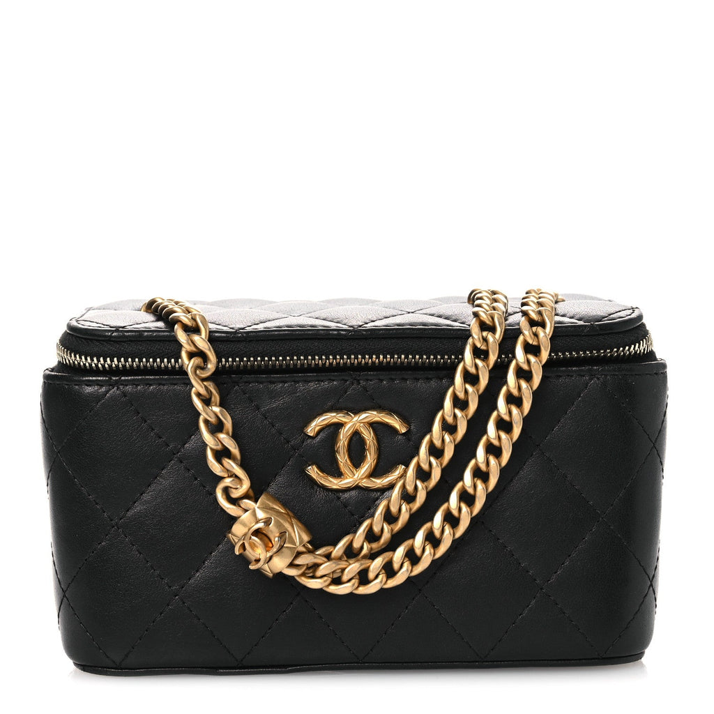 Lambskin Quilted Small Pillow Crush Vanity Case With Chain Black