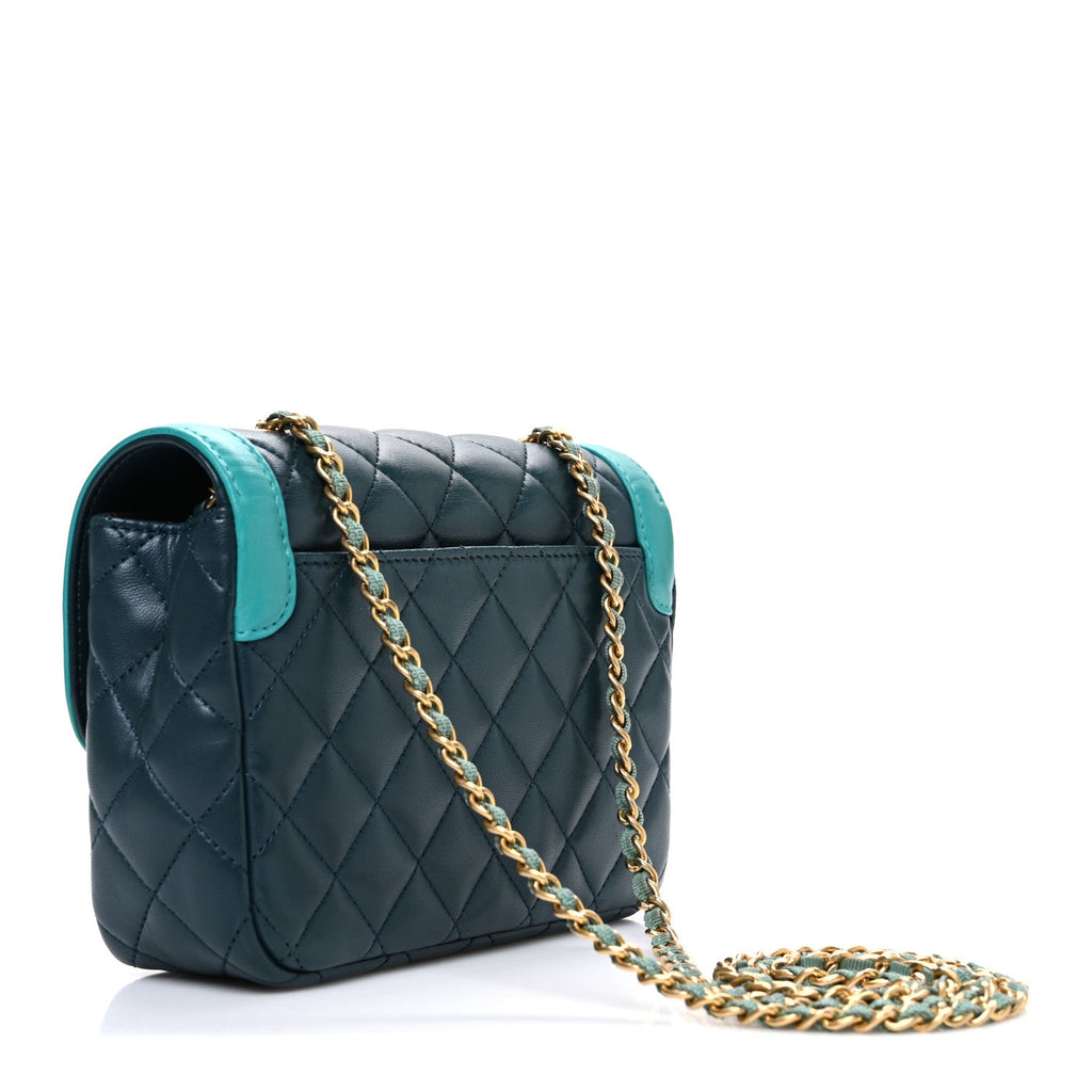 Lambskin Quilted Mini Two Tone Day Flap Navy Turquoise