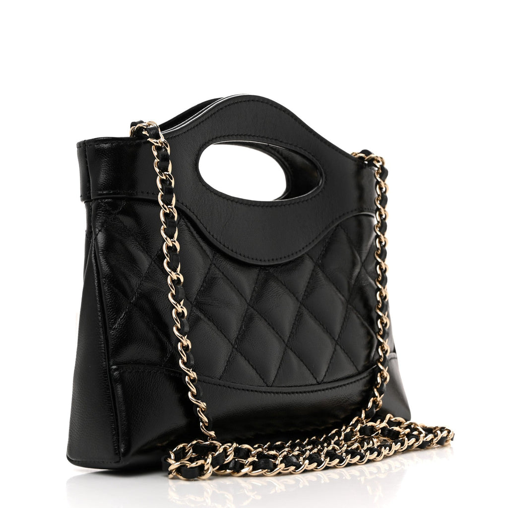 Shiny Crumpled Calfskin Quilted Nano 31 Shopping Bag Black