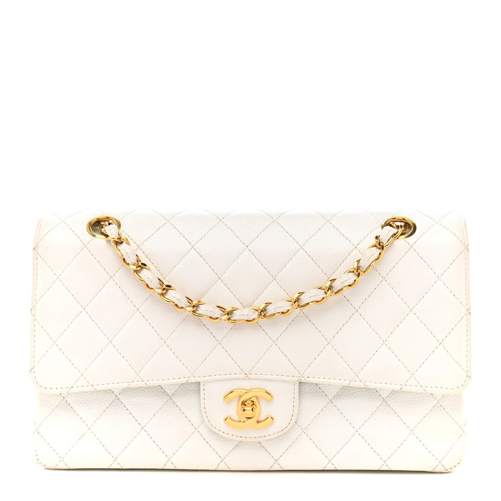 Caviar Quilted Medium Double Flap White
