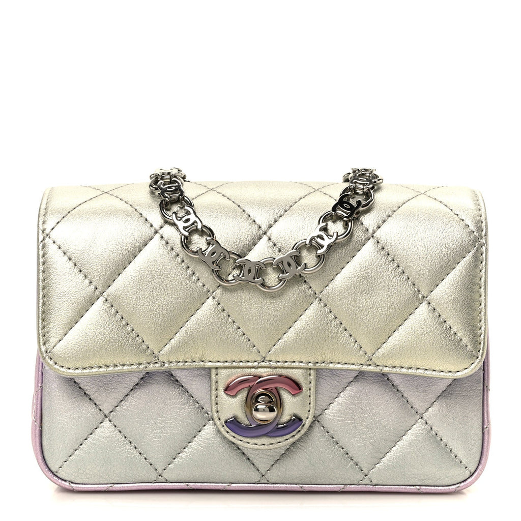 Gradient Metallic Calfskin Quilted Clutch Silver Blue Yellow Purple