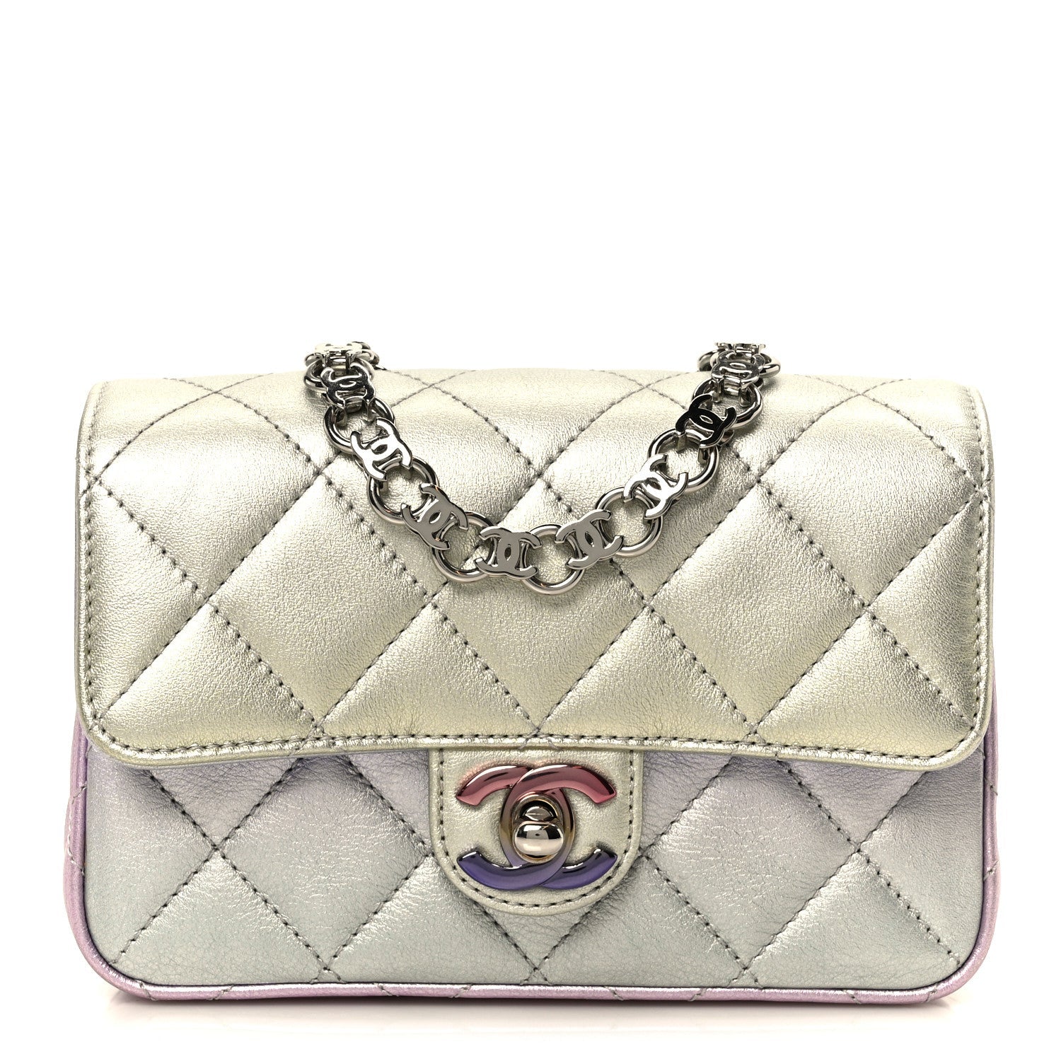 Gradient Metallic Calfskin Quilted Clutch Silver Blue Yellow Purple