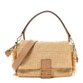 Fabric Jacquard Raffia Straw Fringe Medium Mamma Baguette Beige