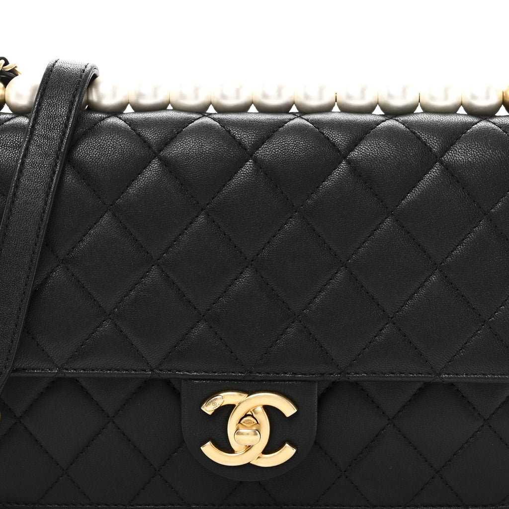 Goatskin Quilted Small Chic Pearls Flap Black