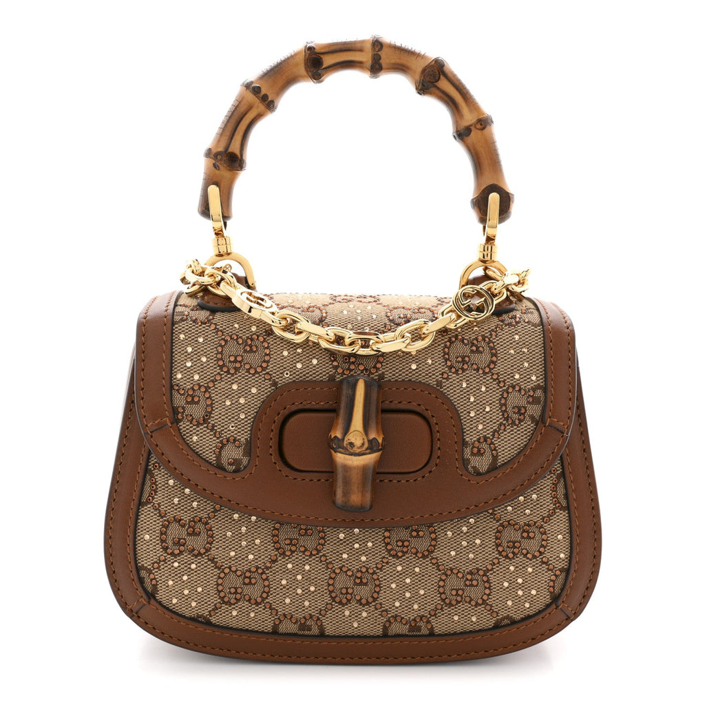 New Canvas Charisma Calfskin Crystal GG Monogram Small Bamboo 1947 Top Handle Bag Camel Ebony