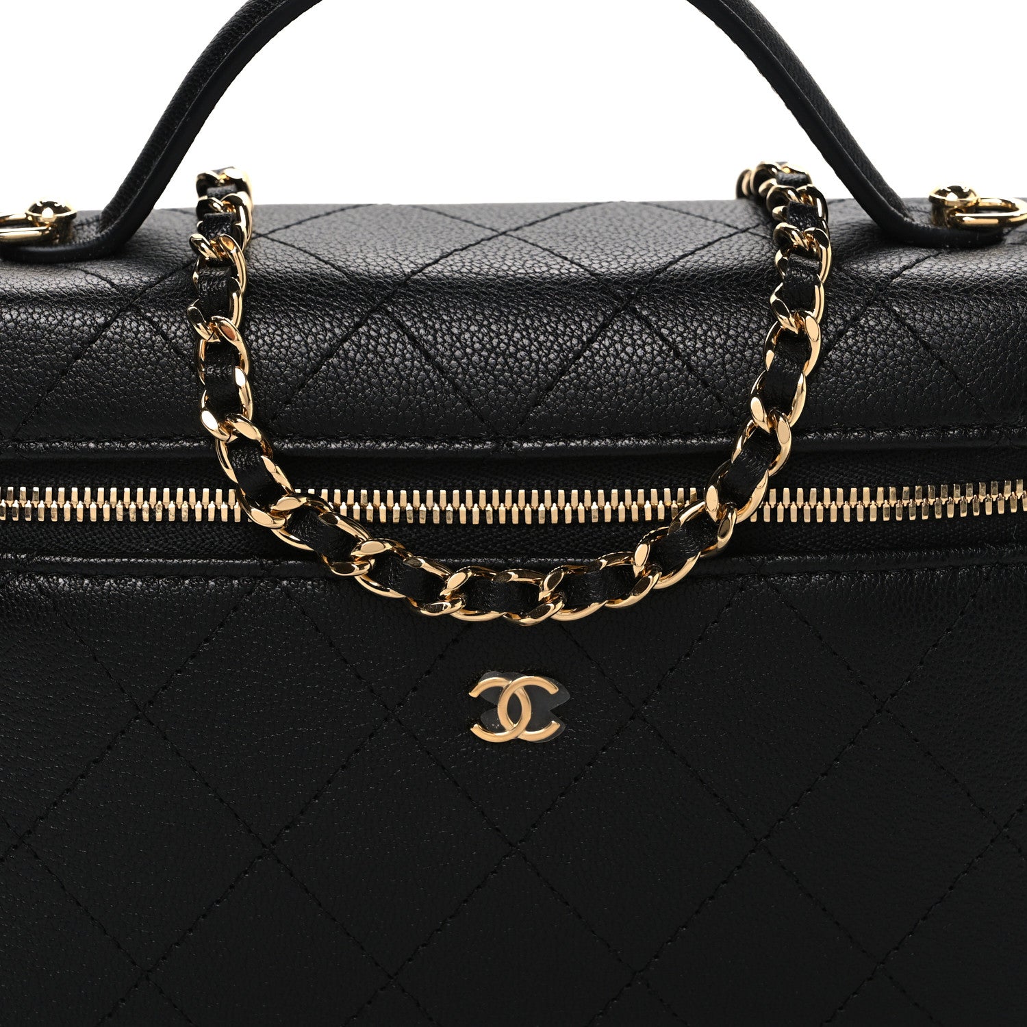 Goatskin Quilted Top Handle Slim Vanity With Chain Black