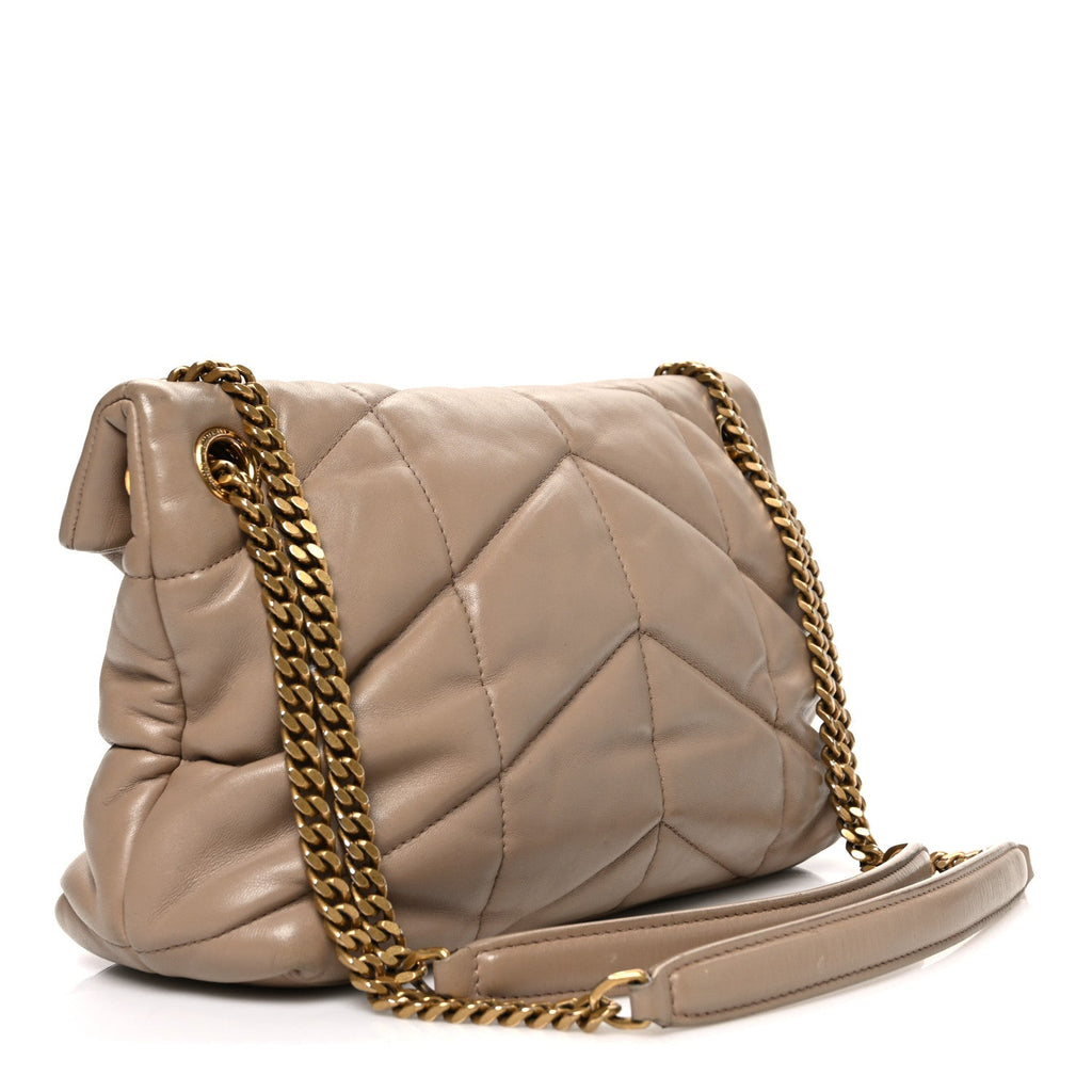 Lambskin Quilted Small Loulou Puffer Monogram Chain Satchel Dark Beige