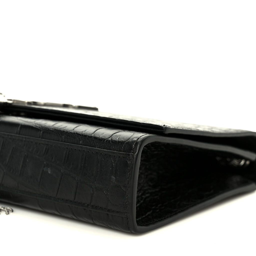 Calfskin Crocodile Embossed Medium Classic Monogram Kate Tassel Satchel Black