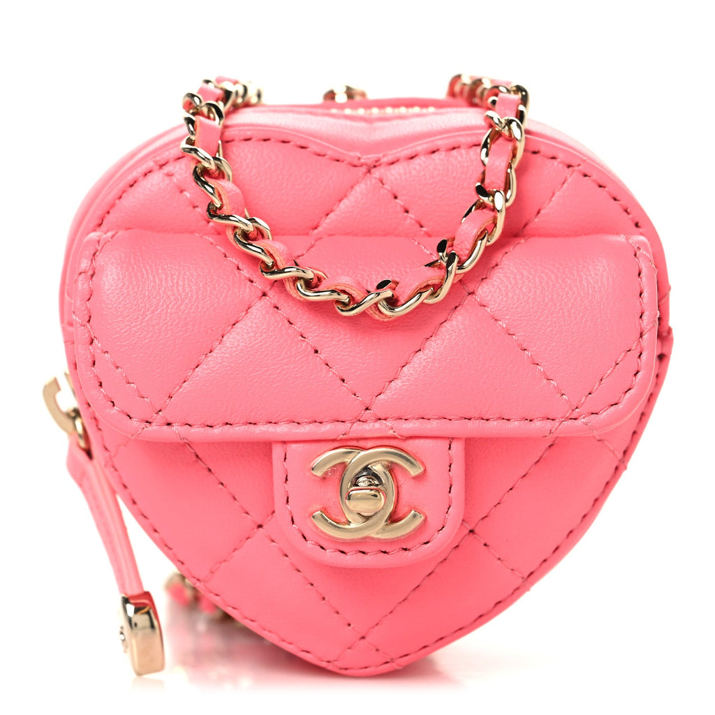 Lambskin Quilted CC In Love Heart Coin Purse With Chain  Pink