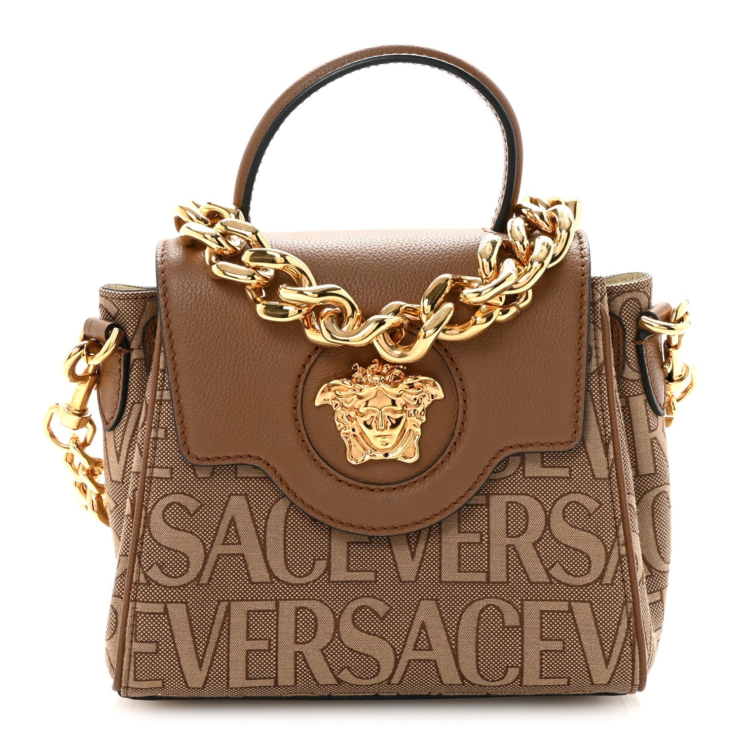 Calfskin Canvas Allover La Medusa Small Top Handle Handbag Brown