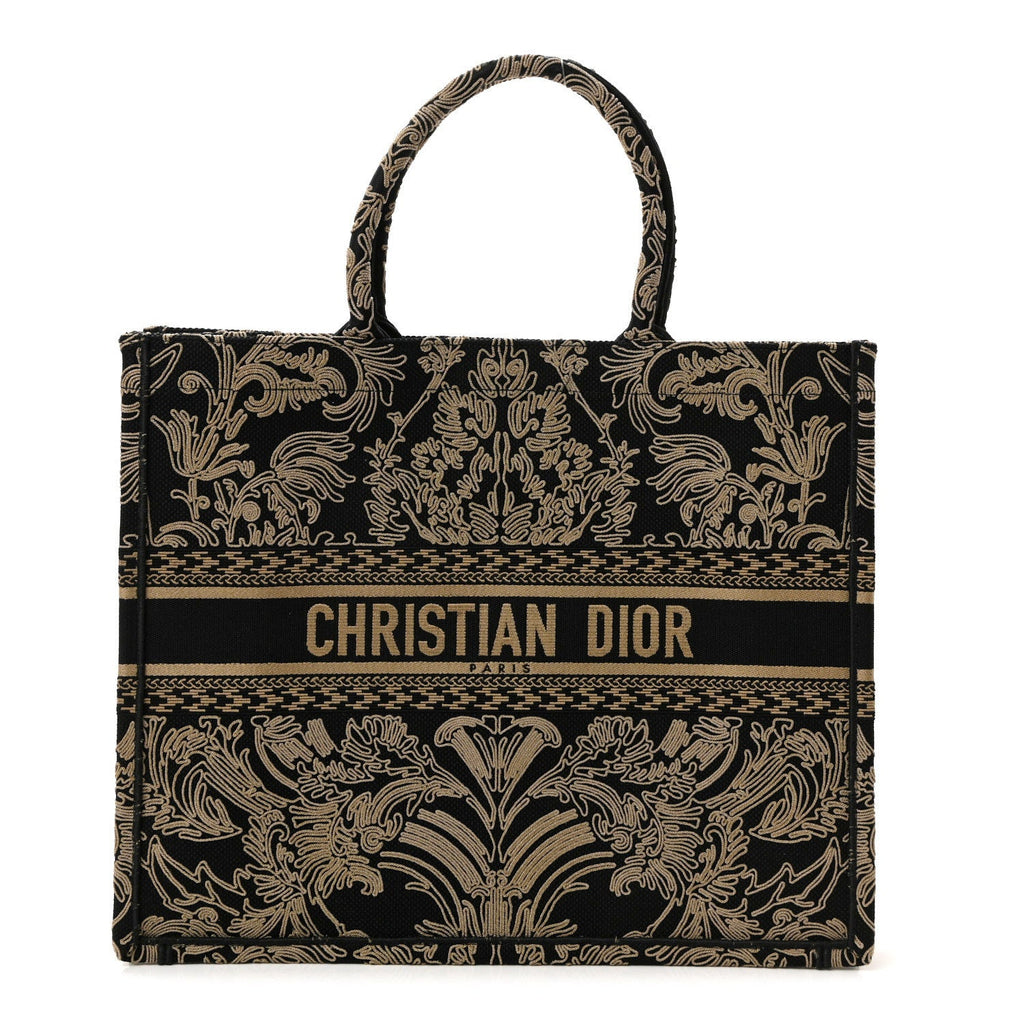 Canvas Embroidered Large Ornamental Cornely Effect Book Tote Black Beige