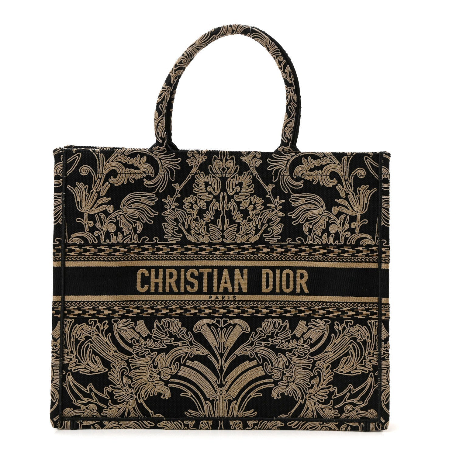 Canvas Embroidered Large Ornamental Cornely Effect Book Tote Black Beige